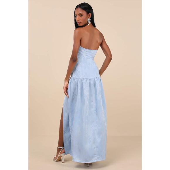 NWT Lulus Gemmi Light Blue Satin Jacquard Drop Waist Maxi Dress Cocktail Sz L - Picture 4 of 9